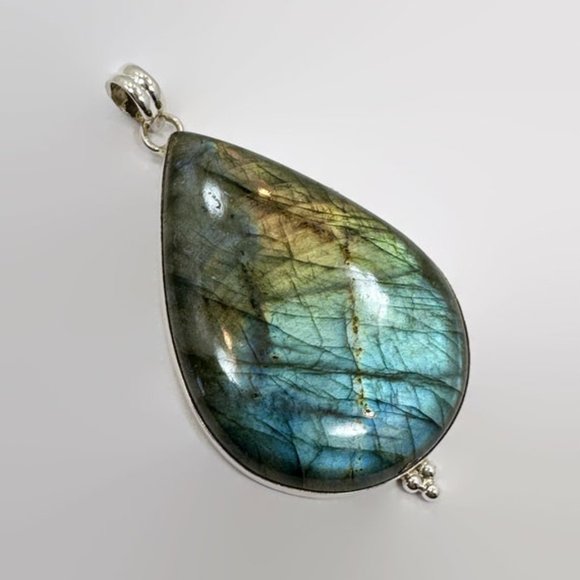 Labradorite Pendant, Sterling Silver, Large Stone, Handcrafted, 3" Long, Blue - Picture 6 of 6